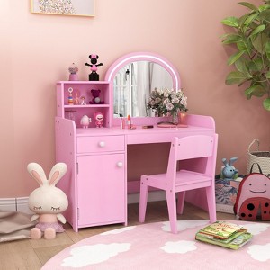 Infans Kid Vanity Table Chair Set 2-Color LED Lights Large Drawer Shelf Cabinet Pink - 1 of 4