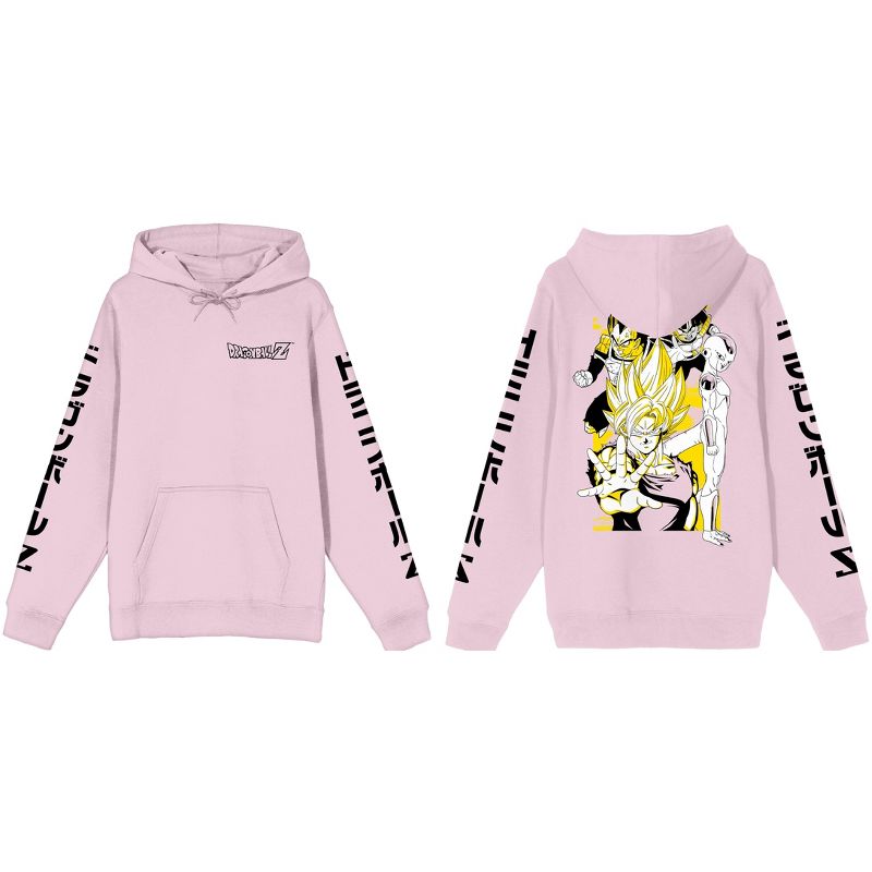 Dragon Ball Z Characters on Back with Kanji Sleeves Men's Pink Graphic Hoodie, 1 of 4