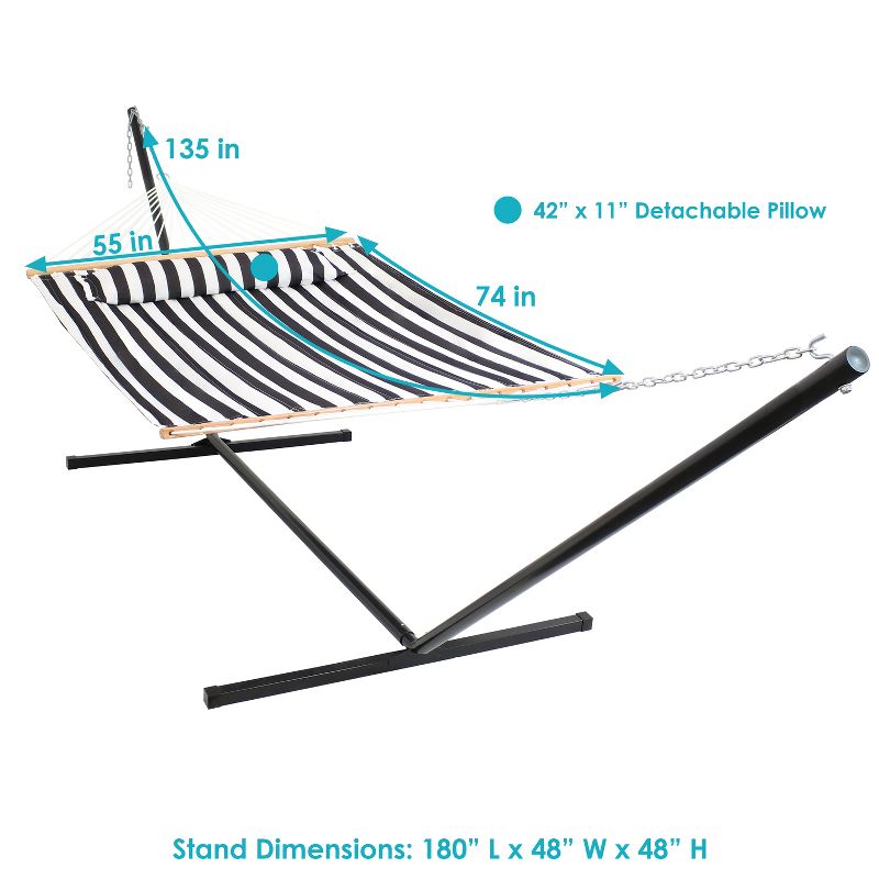 Sunnydaze 2-Person Quilted Fabric Spreader Bar Hammock with Detachable Pillow and Stand - 400 lb Weight Capacity/15' Stand, 4 of 19