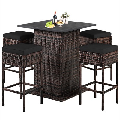 Tangkula 5PCS Patio Rattan Bar Table Stool Set Hidden Storage Shelf Cushion Red Patio Black