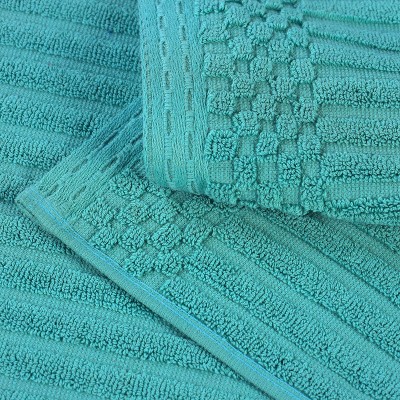 Turquoise Cotton Ribbed Checkered Border 3 Piece Towel Set