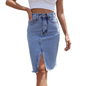 Coolmee Jean Skirts for Women Denim Casual Stretchy High Waisted Midi Pencil Skirt with Slit - 1 of 4