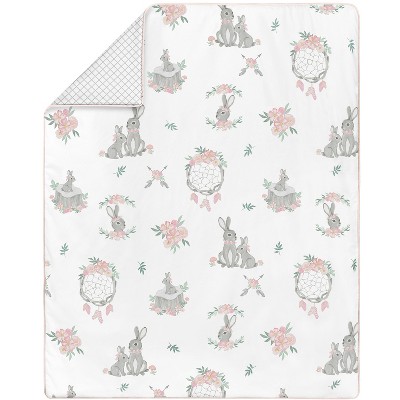 Gray and Pink Microfiber Bunny Floral 4-Piece Crib Bedding Set