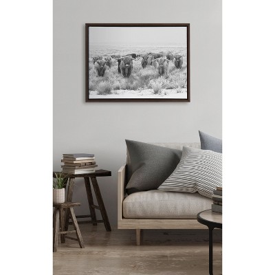 Herd of Highland Cows Black and White Canvas Print with Brown Frame