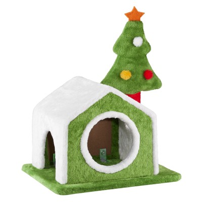 phiestina 24in Christmas Cat House, Festive Plush Cat Bed Cave with Dual Openings, Holiday Decor for Indoor Cats