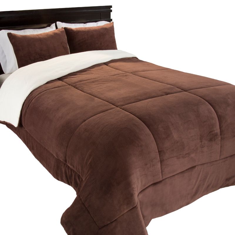 Full/Queen Comforter Set – 3-Piece Fleece Bedspread with Pillow Shams – Warm, Cozy, Machine-Washable Bedding by Lavish Home (Chocolate), 2 of 5