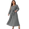 Agnes Orinda Women's Plus Size Houndstooth Split Neck Long Sleeve Tie Waist Maxi A-Line Dresses - 3 of 4