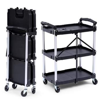 Folding Utility Cart, Foldable 3-tier Rolling Cart with Lockable Wheels