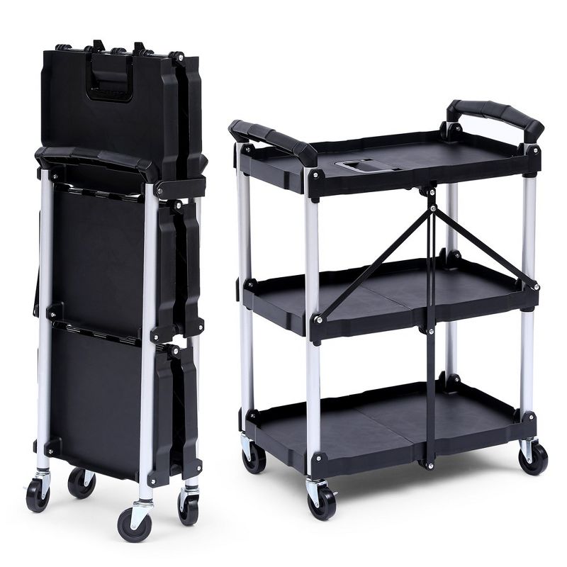 Folding Utility Cart, Foldable 3-tier Rolling Cart with Lockable Wheels, 1 of 5