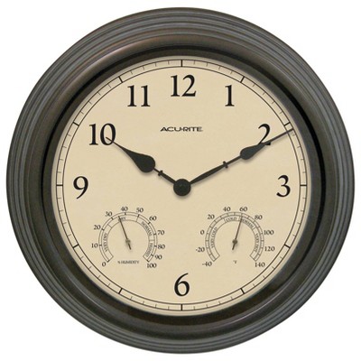 15" Outdoor / Indoor Wall Clock with Thermometer and Humidity - Weathered Bronze Finish - Acurite