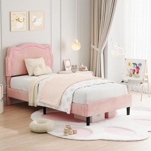 Velvet Upholstered Twin Platform Bed Frame with Height Adjustable Headboard, RGB LED Lights - 1 of 4