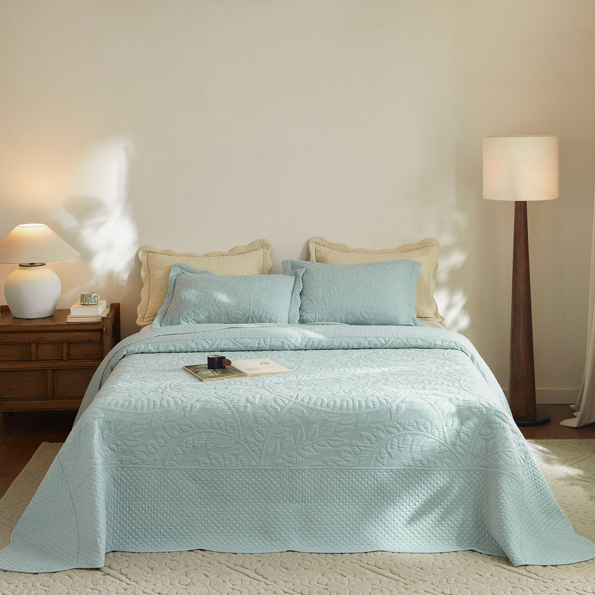 Marcielo 3 Piece 100% Cotton Quilt Set, Oversized Quilted Bedspread T Aruba Blue King