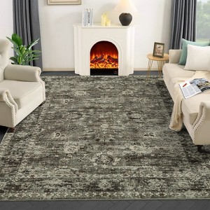 Vintage Distressed Large Living Room Rug for Bedroom, Oriental Soft Low-Pile Indoor Accent Carpet, Non-Skid, Machine Washable, Brown - 1 of 4