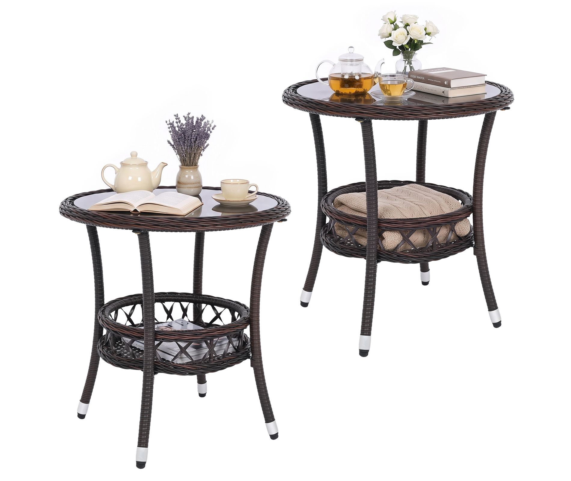 Costway 2 PCS 2-Tier Small Bistro Table with Tempered Glass Tabletop and Storage Shelf