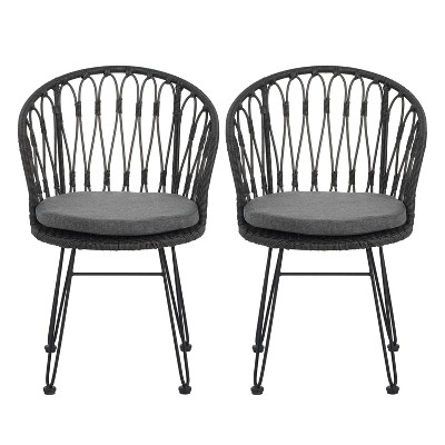 Christopher Knight Home Tavon Outdoor Wicker and Metal Dining Chairs with Cushion (Set of 2), Gray/Black