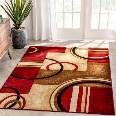 Well Woven Deco Rings Red Geometric Modern Casual Area Rug 9x13 (9'3" x 12'6") Abstract Contemporary Color Block Boxes Lines Soft Rug