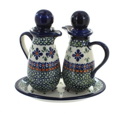 Blue Rose Polish Pottery Mosaic Flower Oil & Vinegar Set