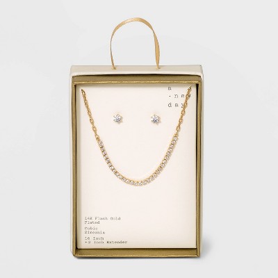 Silver Plated Gold Dipped Rhinestone Chain Necklace and Earring Set - A New Day™ Gold