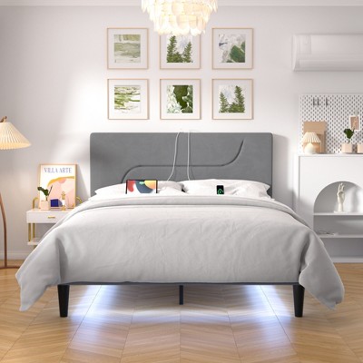 VECELO Twin/Full/Queen Size Bed Frame, Metal Platform Bed with LED Lights, Upholstered Velvet Headboard with Charging Station, Gray/Beige