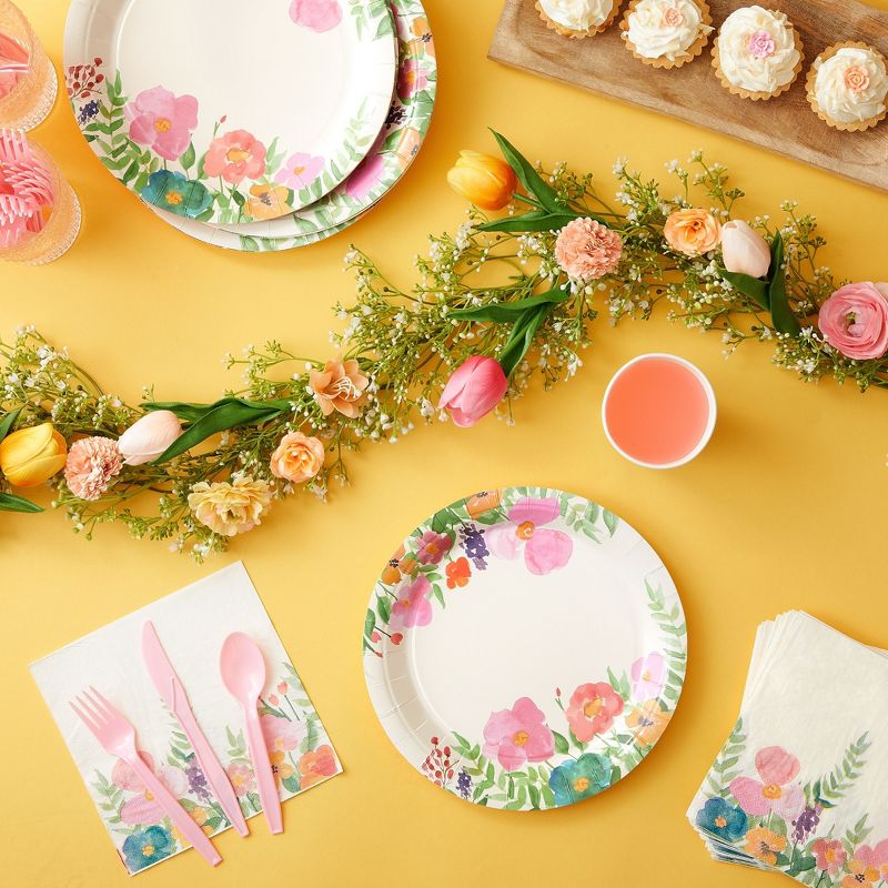 Juvale 144 Piece Watercolor Flower Tea Party Supplies, Includes Disposable Floral Paper Plates, Napkins, Cups, Cutlery, 2 of 9