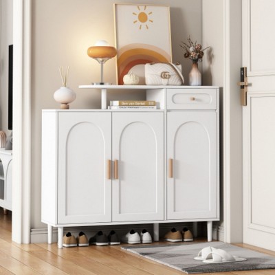 Elegant Arched Door Shoe Cabinet with Drawer, Cream Storage Sideboard, Adj. Shelves & Solid Wood Legs for Entryway/Living Room