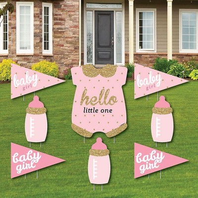 Big Dot of Happiness Hello Little One - Pink and Gold - Yard Sign & Outdoor Lawn Decorations - Girl Baby Shower Yard Signs - Set of 8