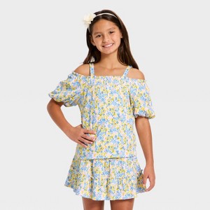 Girls' Off the Shoulder Citrus Floral Printed Top - Cat & Jack™ Lemon Yellow - 1 of 3