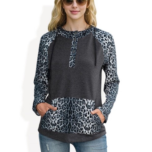 Anna kaci Women s Leopard Contrast Long Sleeve Hoodie With Kangaroo Pocket Target