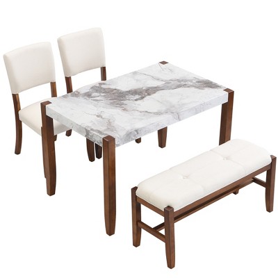 Maliang 4-Piece Modern Dining Furniture Set for 4-Person, 46" Faux Marble Style Table and 2 Upholstered Chairs & 1 Bench