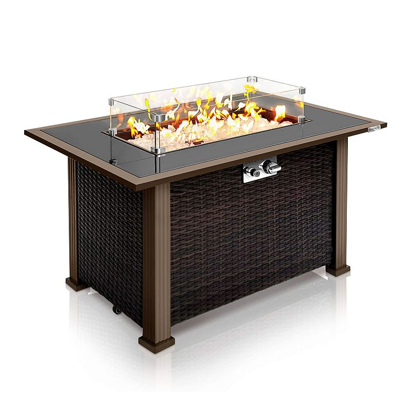 Serenelife SLFPTL Outdoor Backyard Steel Patio Liquid Propane Heated Fire Pit Table with Glass Guard, Tabletop, and Rattan Panels, Black, 1 of 8
