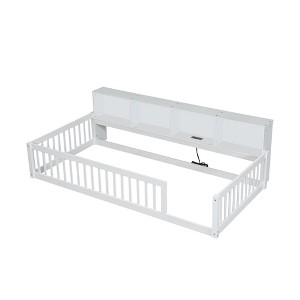 Bellemave Kids Montessori Floor Bed with Bookcase,Twin XL Size Floor Bed with Charging Station,Floor Bed Frame with Guardrails for Kids, White - 1 of 3