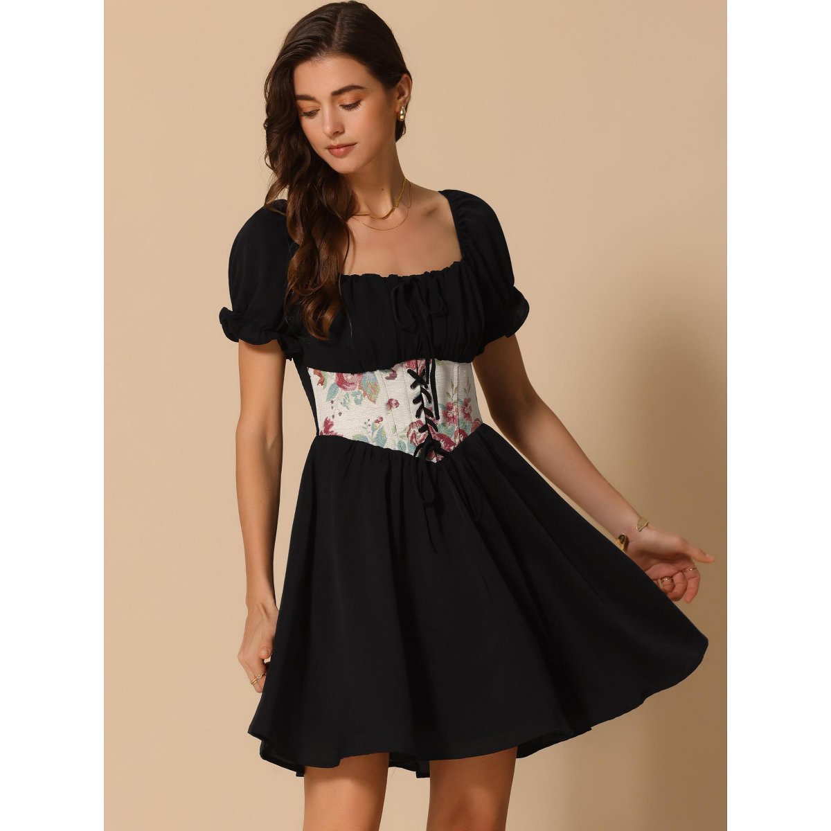 Женские платья INSPIRE CHIC Women's Corset Mini Square Neck Short Sleeve Patchwork Smocked Dress Black Medium — фото 3