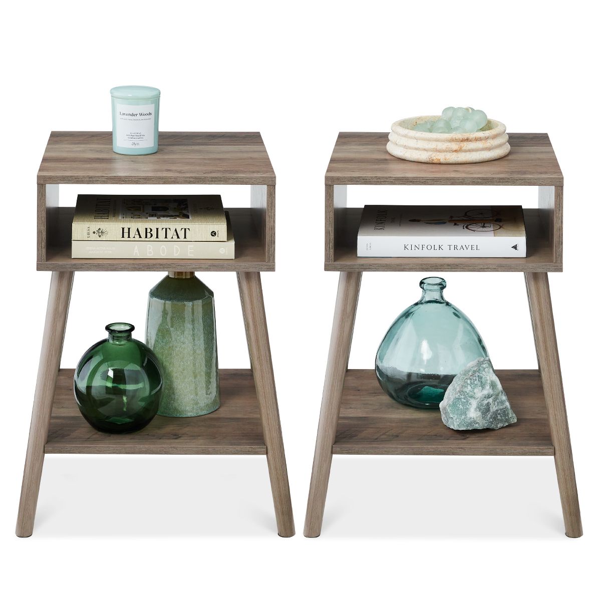 Best Choice Products Set of 2 Mid-Century Modern End Tables w/ Cubby Storage, Lower Shelf, Offset Legs - Gray Oak