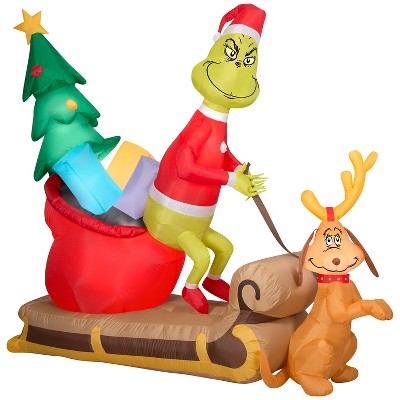 Grinch Christmas Airblown Inflatable and Max w/Sleigh Scene Dr. Seuss , 5.5 ft Tall, Red
