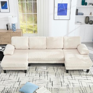 QingMoon 114" U-Shaped Sectional Sofa, Deep Seat Sleeper Couch, 4-Seat Velvet Upholstery Sofa, with Double Chaise for Apartment, Living Room - 1 of 4