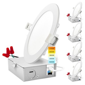 Luxrite 6 Inch Ultra Thin LED Recessed Light with J-Box, 12W, 5 Color Selectable 2700K - 5000K, Dimmable Wafer Light, 1000 Lumens, IC Rated 4 Pack - 1 of 4
