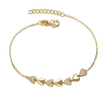 Guili Sterling Silver 14k Yellow Gold Plated with Cubic Zirconia Pave Heart Stampato Link Adjustable Bracelet