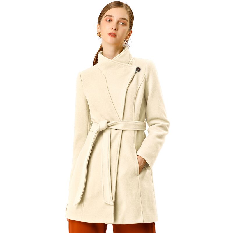 Allegra K Women's Classic Stand Collar Long Sleeve Winter Belted Long Coat, 1 of 8