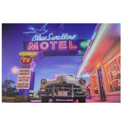 Northlight LED Lighted Famous Blue Swallow Motel with Classic Car Canvas Wall Art 15.75" x 23.75"