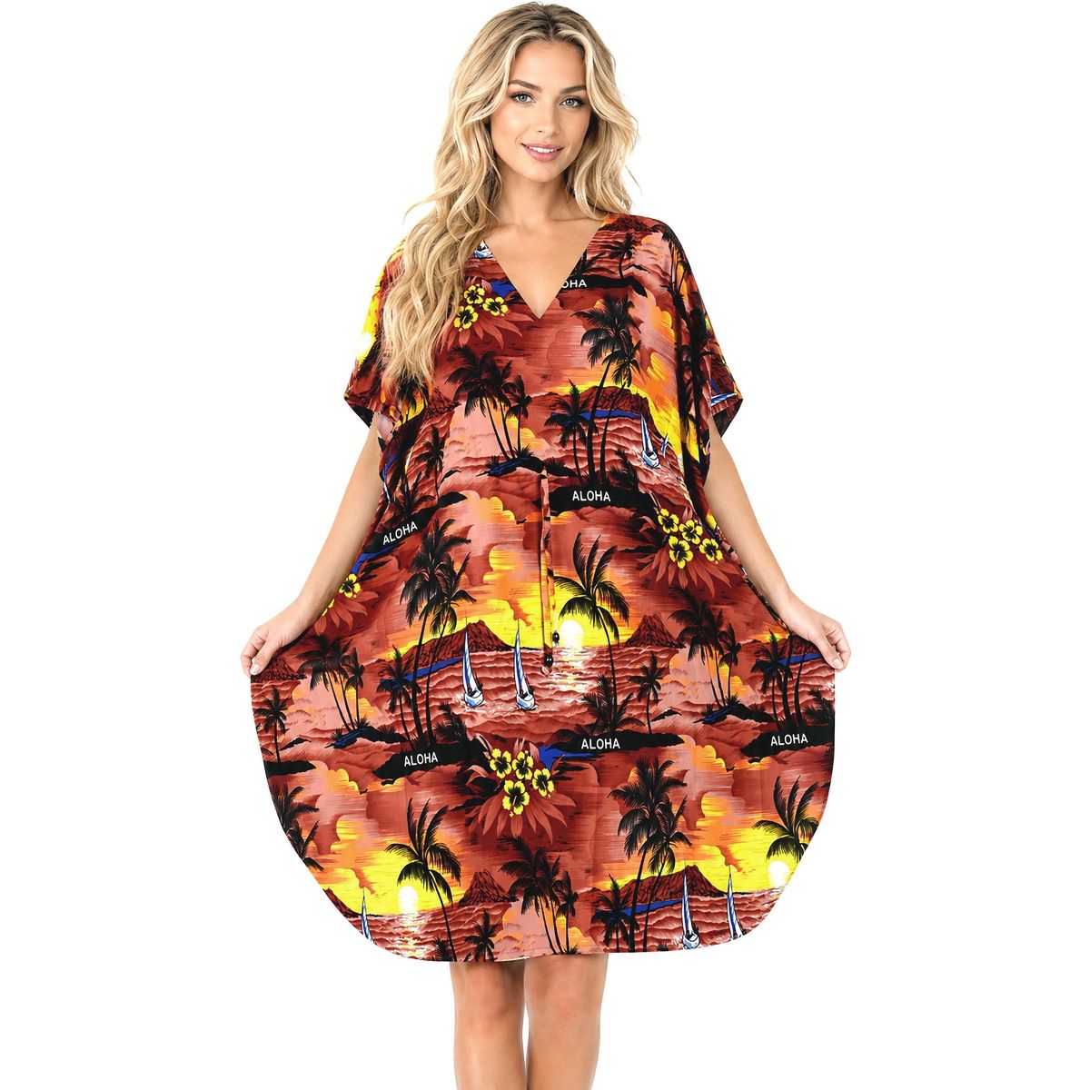 LA LEELA Summer Rayon Blend Women Tunic Dress Resortwear Vacation Holiday Cruise Pregnancy Wear Relaxed Fit Travel Outfit 2X-3X Red Palm Tree