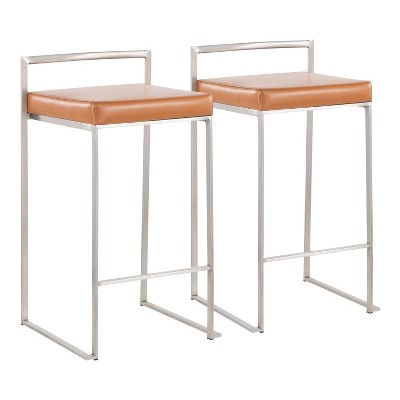 Set of 2 Fuji Stackable Counter Height Barstools Leather/Steel Camel Brown - LumiSource