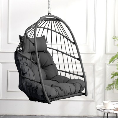 Hanging Egg Chair with Stand Kit,Foldable PE Rattan Swing Seat with Cushion and Pillow,Outdoor Hanging Chair for Patio or Balcony-Maison Boucle