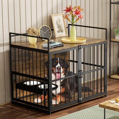 LAOTIES Heavy-Duty Dog Crate Furniture,Large Brown Steel Kennel with Feeder And Storage,Modern Anti-Chew Cage Table