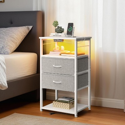 Tall Nightstand with Charging Station and LED Lights, Bedside Table with Fabric Drawers