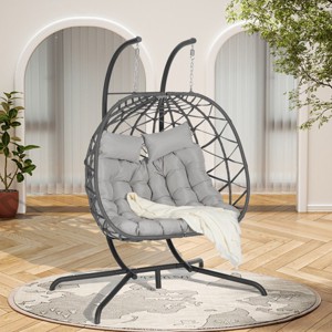Double Patio Swing Egg Chair With Stand,Wicker Hanging Basket Chair With UV Resistant Cushions,Hammock Chair -Maison Boucle - 1 of 4