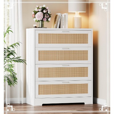 4-Drawer Rattan Dresser with Power Outlets, Modern Wooden Storage Chest for Bedroom, Living Room, Hallway,  Entryway