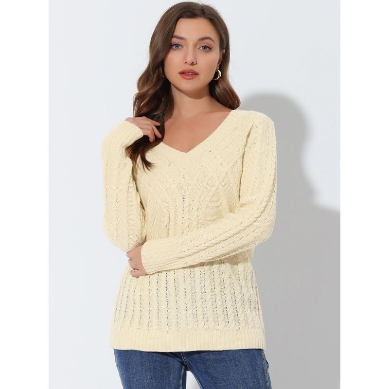 Allegra K Women's Fall Cable Long Sleeves V Neck Knit Pullover Sweater, 2 of 6