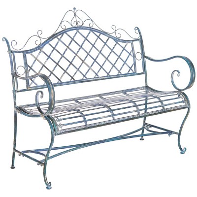 Antique Blue Wrought Iron Outdoor Garden Bench 45.75 Inch