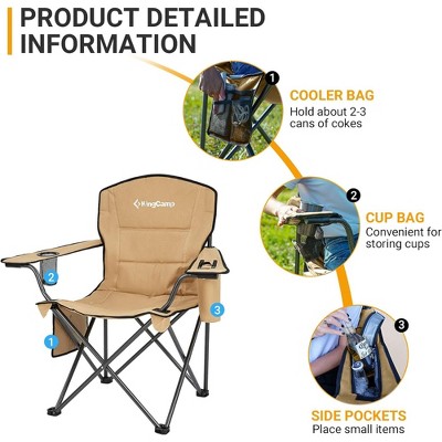Khaki Padded Folding Camping Chair with Cupholder and Cooler