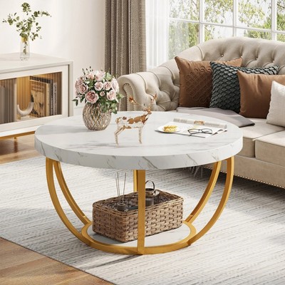Hommoo Wooden Coffee Table, 2-Tier Round Central Cocktail Table with Shelves